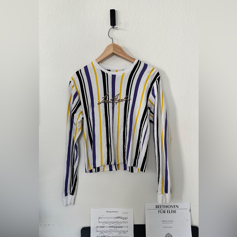 Stylish Striped Long Sleeve Top - White, Yellow, Black, Purple